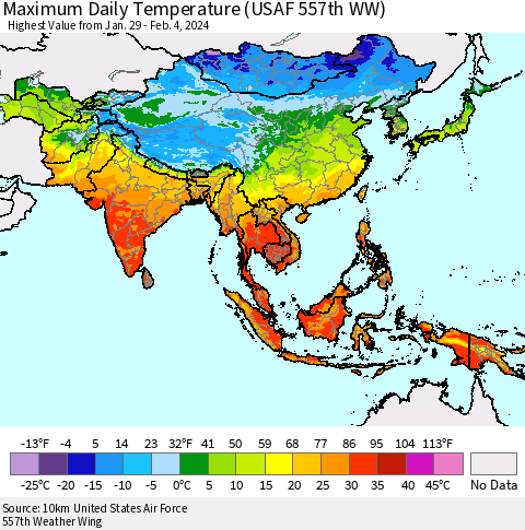 Asia Maximum Daily Temperature (USAF 557th WW) Thematic Map For 1/29/2024 - 2/4/2024