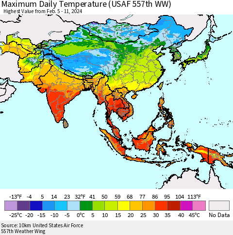 Asia Maximum Daily Temperature (USAF 557th WW) Thematic Map For 2/5/2024 - 2/11/2024