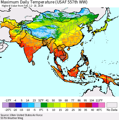 Asia Maximum Daily Temperature (USAF 557th WW) Thematic Map For 2/12/2024 - 2/18/2024