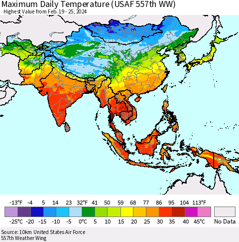 Asia Maximum Daily Temperature (USAF 557th WW) Thematic Map For 2/19/2024 - 2/25/2024