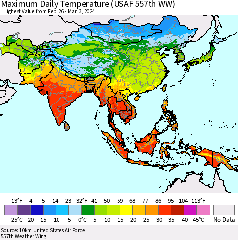 Asia Maximum Daily Temperature (USAF 557th WW) Thematic Map For 2/26/2024 - 3/3/2024
