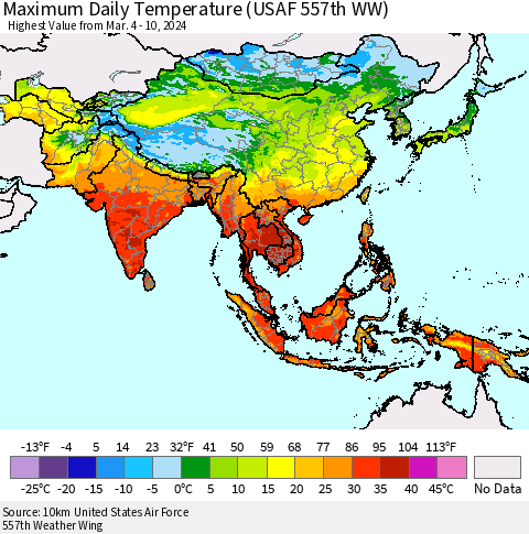 Asia Maximum Daily Temperature (USAF 557th WW) Thematic Map For 3/4/2024 - 3/10/2024