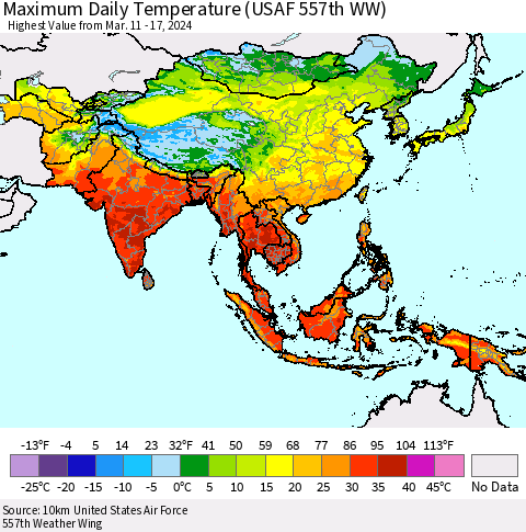 Asia Maximum Daily Temperature (USAF 557th WW) Thematic Map For 3/11/2024 - 3/17/2024
