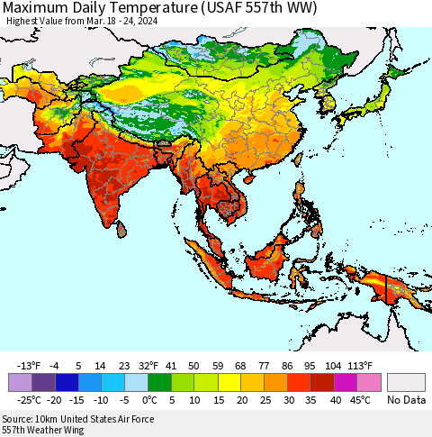 Asia Maximum Daily Temperature (USAF 557th WW) Thematic Map For 3/18/2024 - 3/24/2024