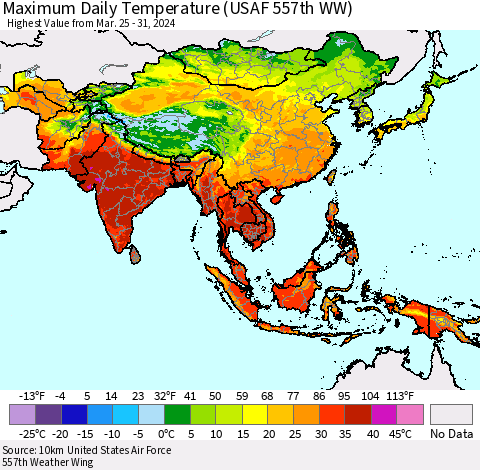 Asia Maximum Daily Temperature (USAF 557th WW) Thematic Map For 3/25/2024 - 3/31/2024