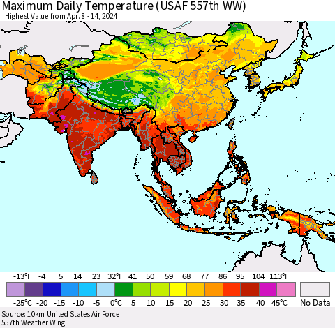 Asia Maximum Daily Temperature (USAF 557th WW) Thematic Map For 4/8/2024 - 4/14/2024