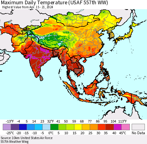Asia Maximum Daily Temperature (USAF 557th WW) Thematic Map For 4/15/2024 - 4/21/2024