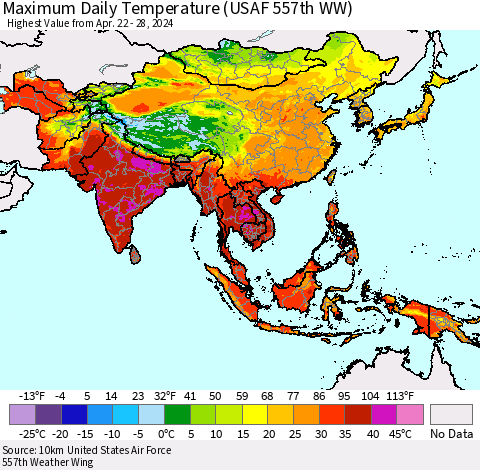 Asia Maximum Daily Temperature (USAF 557th WW) Thematic Map For 4/22/2024 - 4/28/2024