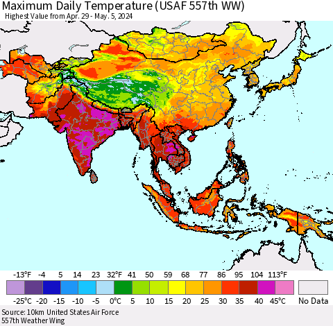 Asia Maximum Daily Temperature (USAF 557th WW) Thematic Map For 4/29/2024 - 5/5/2024