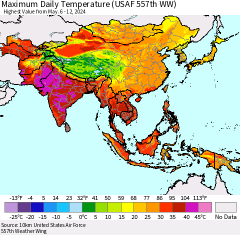 Asia Maximum Daily Temperature (USAF 557th WW) Thematic Map For 5/6/2024 - 5/12/2024