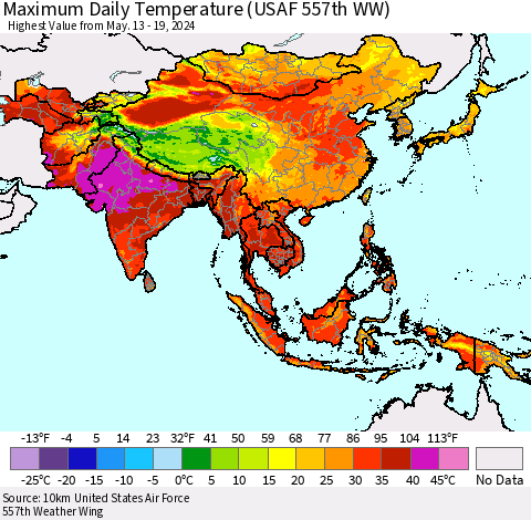 Asia Maximum Daily Temperature (USAF 557th WW) Thematic Map For 5/13/2024 - 5/19/2024