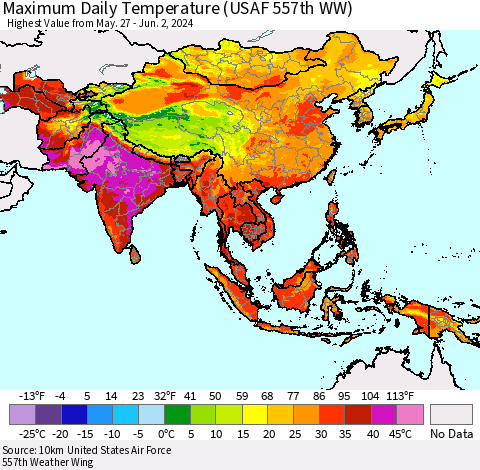 Asia Maximum Daily Temperature (USAF 557th WW) Thematic Map For 5/27/2024 - 6/2/2024