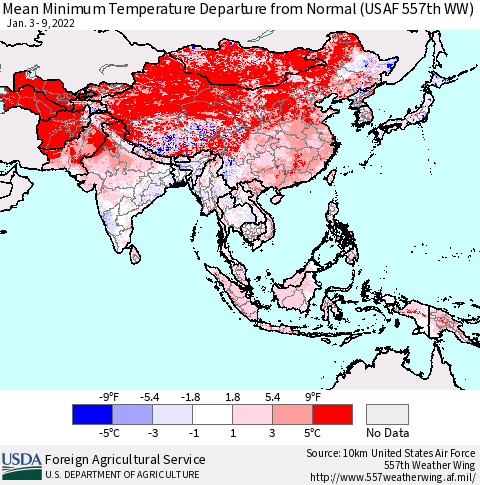 Asia Mean Minimum Temperature Departure from Normal (USAF 557th WW) Thematic Map For 1/3/2022 - 1/9/2022