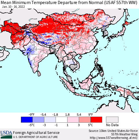 Asia Mean Minimum Temperature Departure from Normal (USAF 557th WW) Thematic Map For 1/10/2022 - 1/16/2022