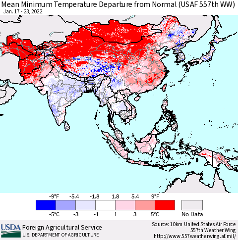 Asia Mean Minimum Temperature Departure from Normal (USAF 557th WW) Thematic Map For 1/17/2022 - 1/23/2022