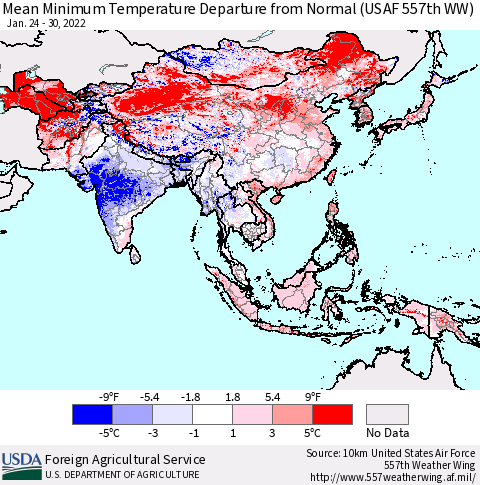 Asia Mean Minimum Temperature Departure from Normal (USAF 557th WW) Thematic Map For 1/24/2022 - 1/30/2022