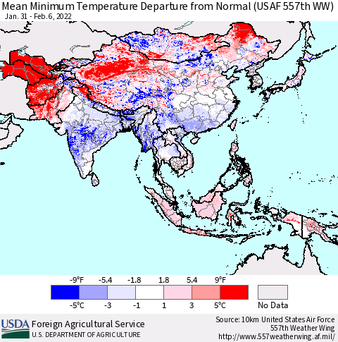 Asia Mean Minimum Temperature Departure from Normal (USAF 557th WW) Thematic Map For 1/31/2022 - 2/6/2022