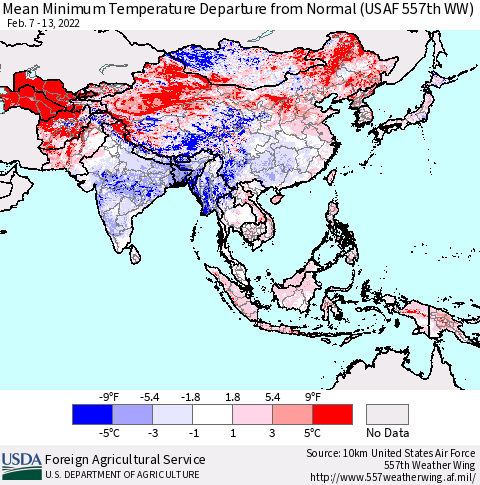 Asia Mean Minimum Temperature Departure from Normal (USAF 557th WW) Thematic Map For 2/7/2022 - 2/13/2022