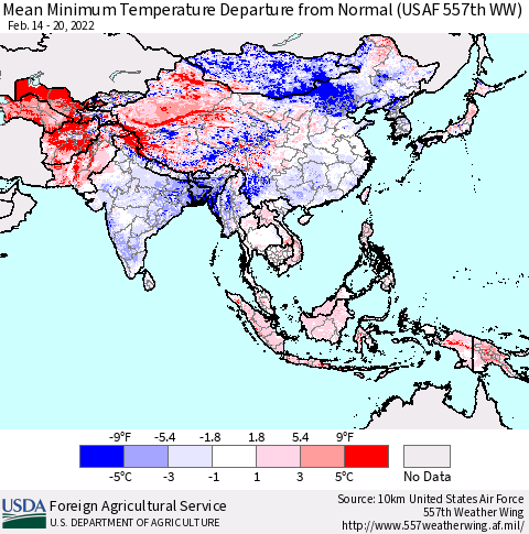 Asia Mean Minimum Temperature Departure from Normal (USAF 557th WW) Thematic Map For 2/14/2022 - 2/20/2022