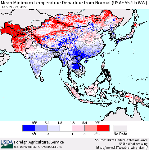 Asia Mean Minimum Temperature Departure from Normal (USAF 557th WW) Thematic Map For 2/21/2022 - 2/27/2022