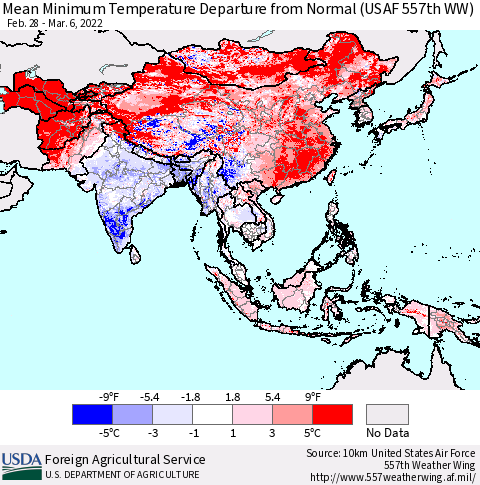 Asia Mean Minimum Temperature Departure from Normal (USAF 557th WW) Thematic Map For 2/28/2022 - 3/6/2022