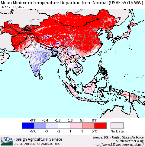 Asia Mean Minimum Temperature Departure from Normal (USAF 557th WW) Thematic Map For 3/7/2022 - 3/13/2022