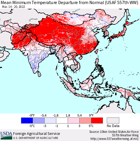 Asia Mean Minimum Temperature Departure from Normal (USAF 557th WW) Thematic Map For 3/14/2022 - 3/20/2022