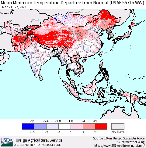Asia Mean Minimum Temperature Departure from Normal (USAF 557th WW) Thematic Map For 3/21/2022 - 3/27/2022