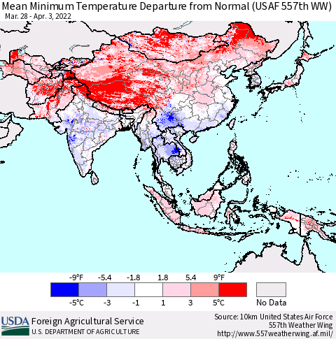 Asia Mean Minimum Temperature Departure from Normal (USAF 557th WW) Thematic Map For 3/28/2022 - 4/3/2022