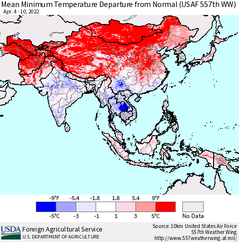 Asia Mean Minimum Temperature Departure from Normal (USAF 557th WW) Thematic Map For 4/4/2022 - 4/10/2022