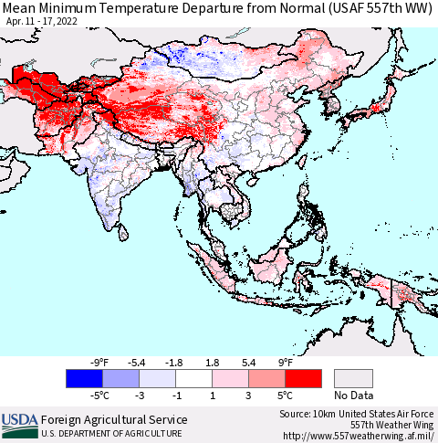 Asia Mean Minimum Temperature Departure from Normal (USAF 557th WW) Thematic Map For 4/11/2022 - 4/17/2022