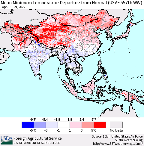 Asia Mean Minimum Temperature Departure from Normal (USAF 557th WW) Thematic Map For 4/18/2022 - 4/24/2022