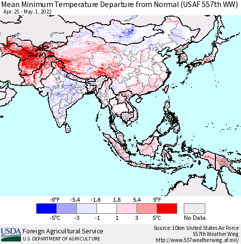 Asia Mean Minimum Temperature Departure from Normal (USAF 557th WW) Thematic Map For 4/25/2022 - 5/1/2022