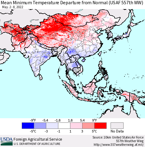 Asia Mean Minimum Temperature Departure from Normal (USAF 557th WW) Thematic Map For 5/2/2022 - 5/8/2022