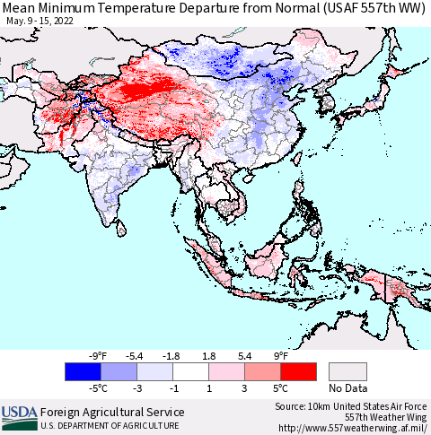 Asia Mean Minimum Temperature Departure from Normal (USAF 557th WW) Thematic Map For 5/9/2022 - 5/15/2022