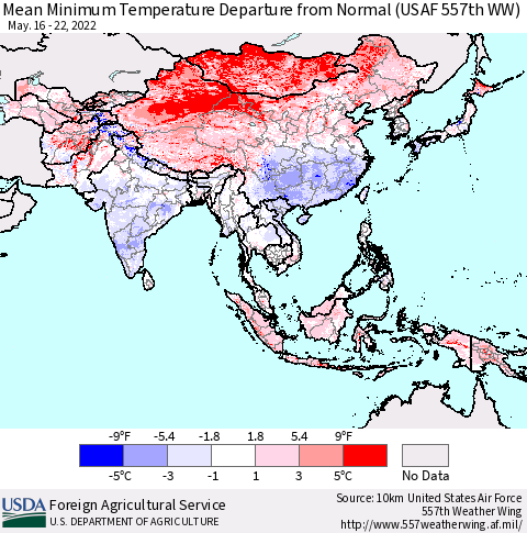 Asia Mean Minimum Temperature Departure from Normal (USAF 557th WW) Thematic Map For 5/16/2022 - 5/22/2022