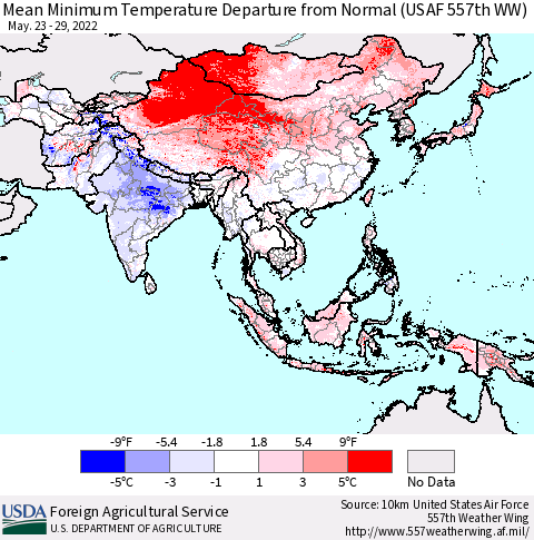 Asia Mean Minimum Temperature Departure from Normal (USAF 557th WW) Thematic Map For 5/23/2022 - 5/29/2022