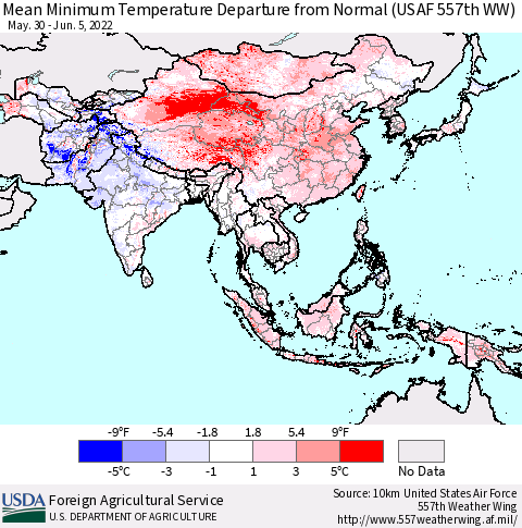 Asia Mean Minimum Temperature Departure from Normal (USAF 557th WW) Thematic Map For 5/30/2022 - 6/5/2022
