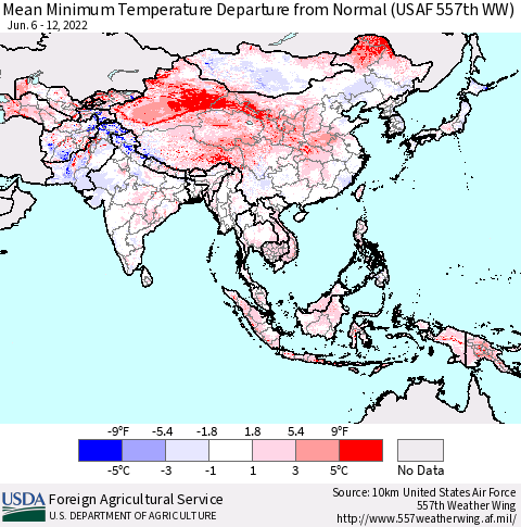 Asia Mean Minimum Temperature Departure from Normal (USAF 557th WW) Thematic Map For 6/6/2022 - 6/12/2022