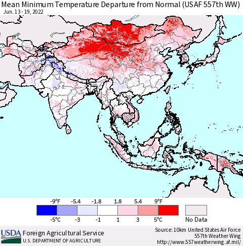 Asia Mean Minimum Temperature Departure from Normal (USAF 557th WW) Thematic Map For 6/13/2022 - 6/19/2022
