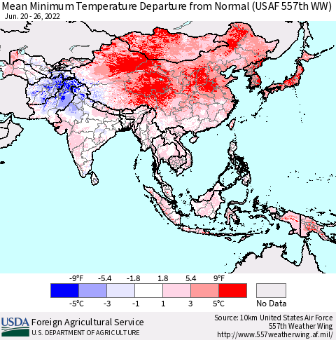 Asia Mean Minimum Temperature Departure from Normal (USAF 557th WW) Thematic Map For 6/20/2022 - 6/26/2022
