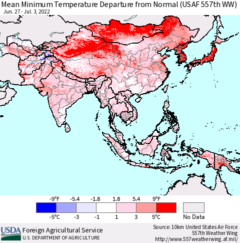 Asia Mean Minimum Temperature Departure from Normal (USAF 557th WW) Thematic Map For 6/27/2022 - 7/3/2022