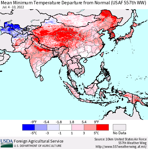 Asia Mean Minimum Temperature Departure from Normal (USAF 557th WW) Thematic Map For 7/4/2022 - 7/10/2022