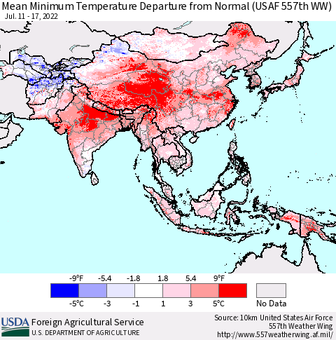 Asia Mean Minimum Temperature Departure from Normal (USAF 557th WW) Thematic Map For 7/11/2022 - 7/17/2022