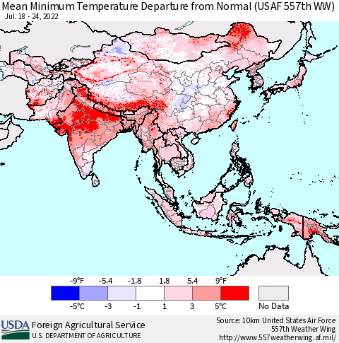 Asia Mean Minimum Temperature Departure from Normal (USAF 557th WW) Thematic Map For 7/18/2022 - 7/24/2022
