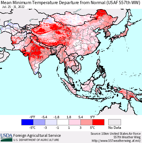 Asia Mean Minimum Temperature Departure from Normal (USAF 557th WW) Thematic Map For 7/25/2022 - 7/31/2022