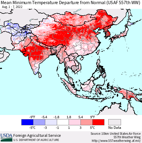 Asia Mean Minimum Temperature Departure from Normal (USAF 557th WW) Thematic Map For 8/1/2022 - 8/7/2022