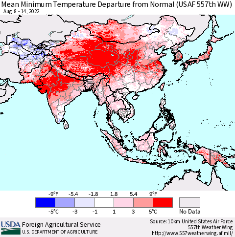 Asia Mean Minimum Temperature Departure from Normal (USAF 557th WW) Thematic Map For 8/8/2022 - 8/14/2022