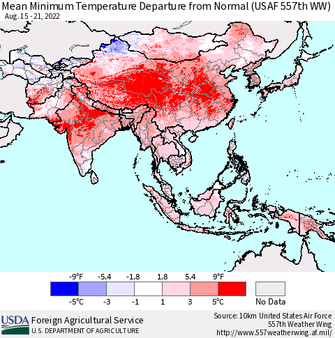 Asia Mean Minimum Temperature Departure from Normal (USAF 557th WW) Thematic Map For 8/15/2022 - 8/21/2022