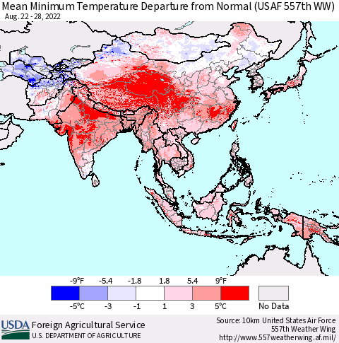 Asia Mean Minimum Temperature Departure from Normal (USAF 557th WW) Thematic Map For 8/22/2022 - 8/28/2022